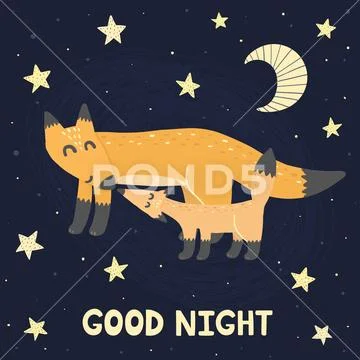 Good Night Print With Super Cute Foxes - Mother And Baby
