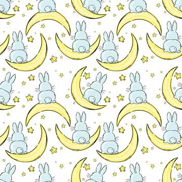 Good Night rabbit seamless pattern with cute sleeping moon, stars and bunny back Ilustração Stock