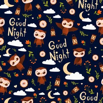 Good night seamless pattern with childish cute animal character owl on dark Stock Illustration