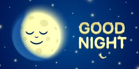 Good Night vector banner with a sleeping moon cartoon character on a blue starry Ilustração Stock