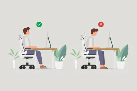 Good position vs bad incorrect posture for sitting at computer desk. Stock Illustration