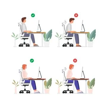Good position vs bad incorrect posture for sitting at computer desk. Stock Illustration