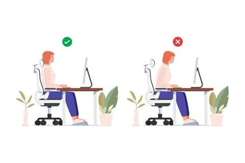 Good position vs bad incorrect posture for sitting at computer desk. Stock Illustration