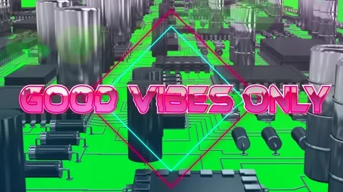 Good vibes only text on neon squares against close up of microprocessor Stock Footage 158414369
