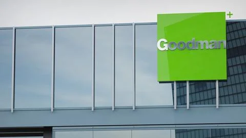 Goodman Group Stock data presented on the logo of the office facade editorial Stock Photos