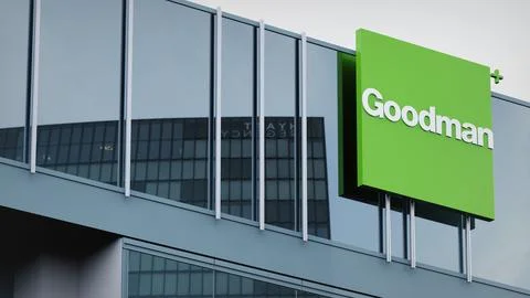 Goodman Group Stock data presented on the logo of the office facade editorial Stock Photos