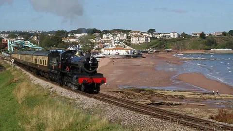 Goodrington, S. Devon, England: Steam train on route to Kingswear (Slow Motion) Stock Footage 116569713