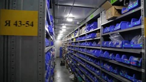 Goods and materials arranged on a rack in warehouse. Warehouse store stock. Video stock 199014322
