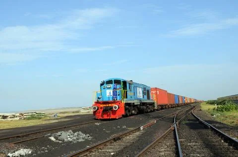 Goods containers with train engine at Adani Power ; Mundra ; Kutch ; Gujar... Stock Photos