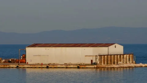 Goods depot on the pier. Dynamic view Video stock 142820364