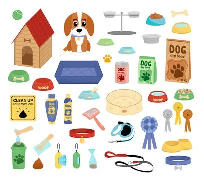 Goods for dog. Set of objects for dog care. Pet shop. Flat cartoon vector Stock Illustration