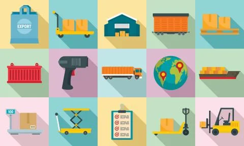 Goods export icons set, flat style Stock Illustration