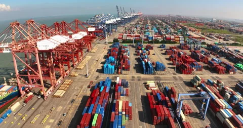 Goods export import. Marine dock. Sea port background with cargo containers. Stock Footage 321133238