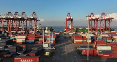 Goods export import. Marine dock. Sea port background with cargo containers. Stock Footage 321372072