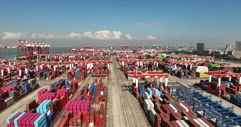 Goods export import. Marine dock. Sea port background with cargo containers. Stock Footage 321767019