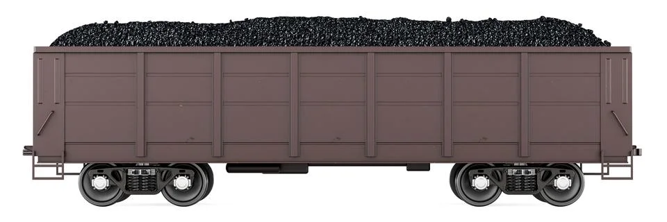 Goods wagon with coal, side view. 3D rendering Stock Illustration