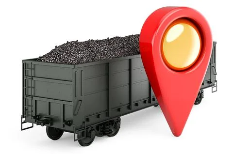 Goods wagon full of coal with map pointer. 3D rendering Stockillustratie