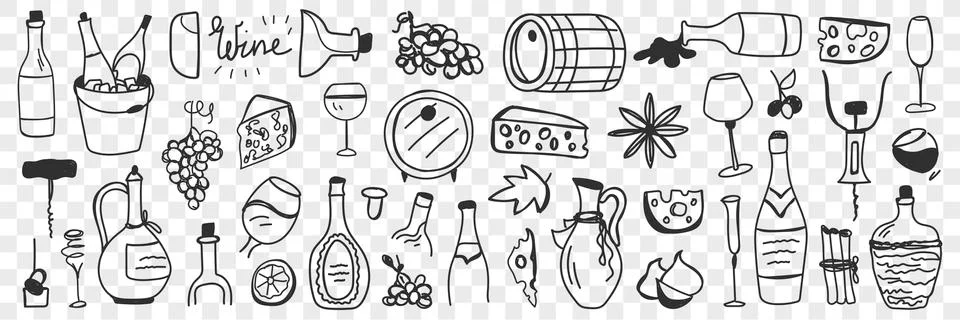 Goods for wine making doodle set Stock Illustration