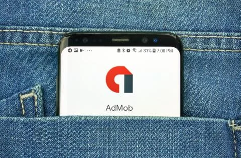 Google Admob on a phone screen in a pocket Stockfoto's