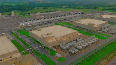 Google AI Data Center Elevated Pipe Racks Run Chilled Water Between Rows of Stock Footage 347207101