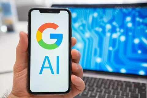 Google AI logo of neural network on the screen of smartphone on the background. Stock Photos