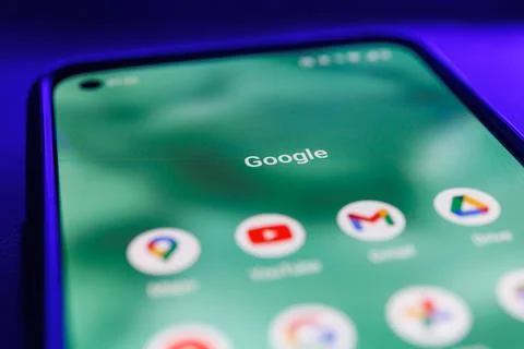 Google apps on smartphone screen. Close up shot of Google apps Stock Photos