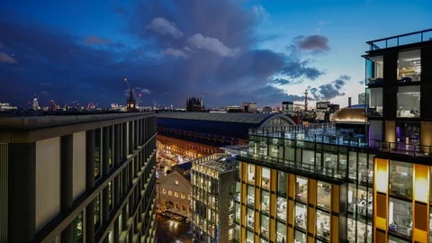 The Google building and St Pancras International station at sunset Vídeos de archivo 83681260