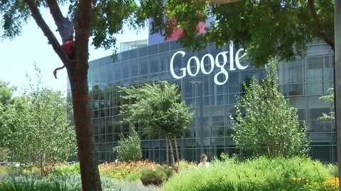 Google building sign at the Google campus in Mountain View, CA MS Video stock 83222602
