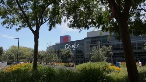 Google building sign at the Google campus in Mountain View, CA WS handheld Stock Footage 83222766