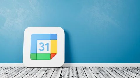 Google Calendar App 3D Symbol Shape on Wooden Floor Against Blue Wall with Co Stock Illustration