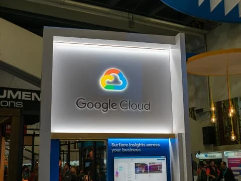 Google Cloud light up sign at Salesforce Dreamforce conference Stock Photos