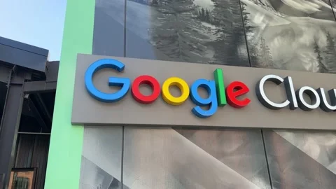 Google Cloud logo on the side of a commercial  building Stock Footage 198196395
