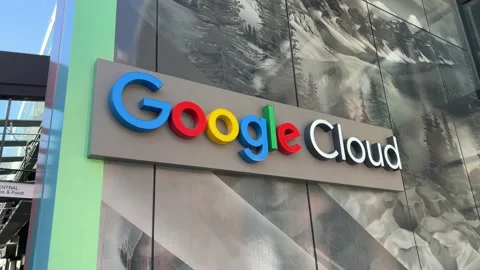 Google Cloud logo on the side of a commercial  building Video stock 198196398