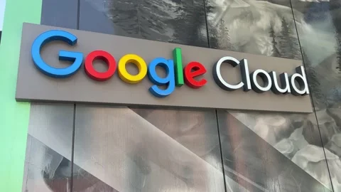 Google Cloud logo on the side of a commercial  building Stock Footage 198196457