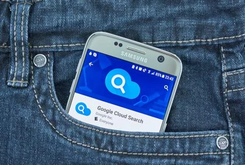 Google Cloud Search mobile application on screen of Samsung Stock Photos