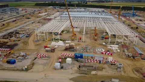 Google data center construction site in Kronstorf with steel hall framework Video stock 342183496