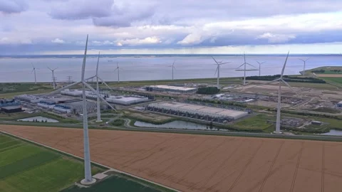 Google data center in eemshaven powered by wind turbines energy Stock Footage 340350895