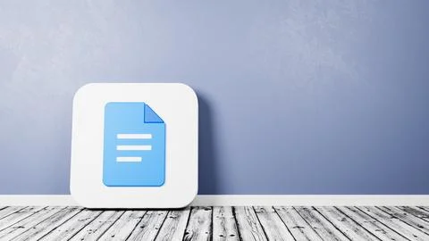 Google Docs App Icon 3D Symbol Shape on Wooden Floor Against Blue Wall with C Stock Illustration
