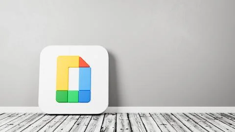 Google Docs Editors App Icon 3D Symbol Shape on Wooden Floor Against Gray Wal Stock Illustration