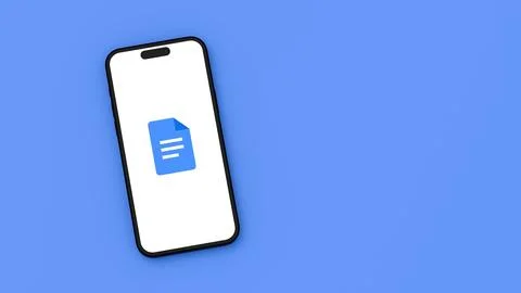 Google Docs Icon on Mobile Phone Screen on Flat Blue Background with Copy Spa Stock Illustration
