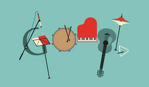 Google doodle musical instruments vector icon Stock Illustration