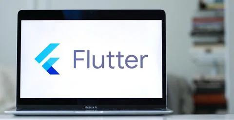 Google Flutter logo on Computer Screen Stock Photos