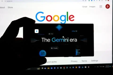 Google Gemini large language model Logo on a screen Fotos Stock