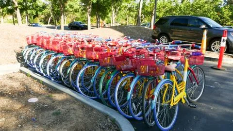 Google Googleplex campus Headquarters lined up with Google Bikes Stock-Fotos