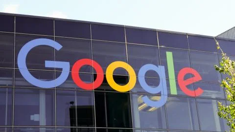 Google Googleplex campus Headquarters office logo on the glass building Stock Photos
