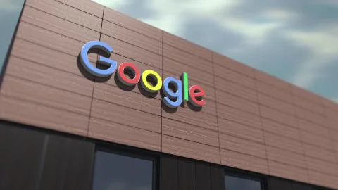Google logo on the building, editorial 3d rendering Ilustración de archivo