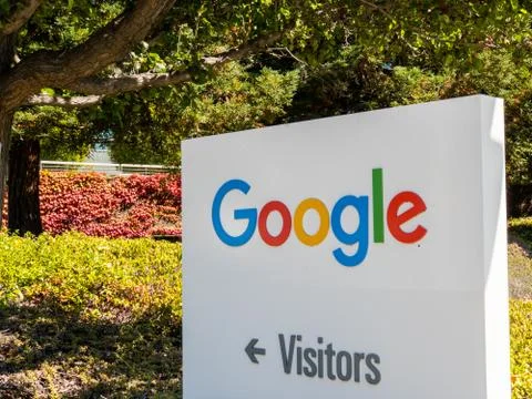 Google logo at Googleplex headquarters main office 写真素材