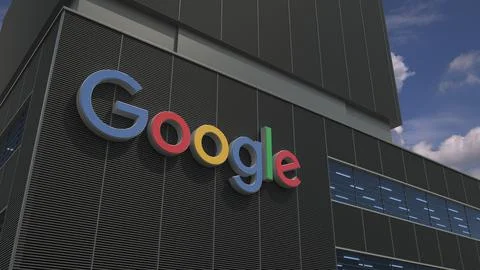 Google logo on the modern building. Editorial 3d rendering Ilustración de archivo