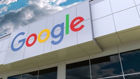 Google logo on the modern building facade. Editorial 3D rendering Stock Footage