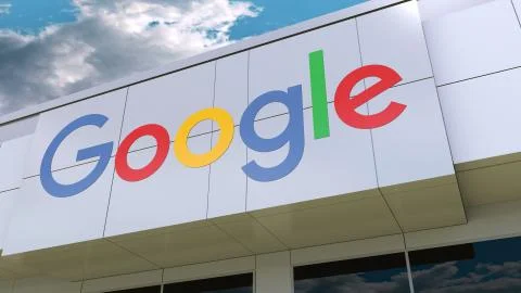 Google logo on the modern building facade. Editorial 3D rendering Stock Illustration